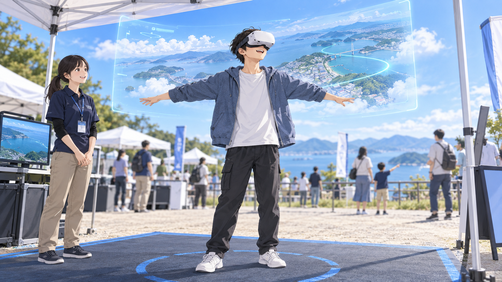 屋外イベント会場でVRゴーグルを装着し、空を飛ぶような体験を楽しむ参加者のイラスト